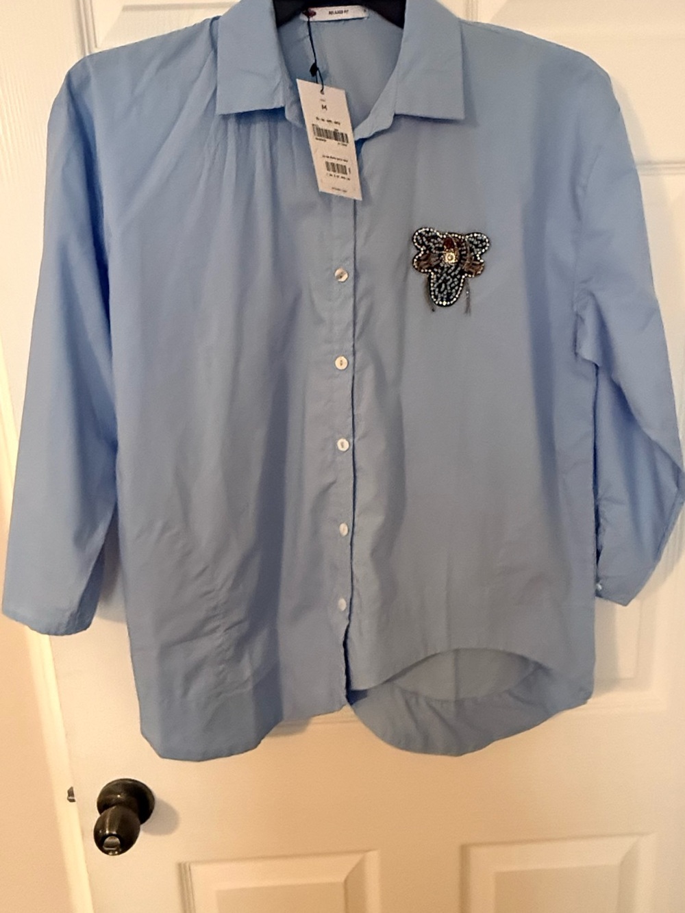Light Blue Button-Up Shirt with Beaded Elephant Patch